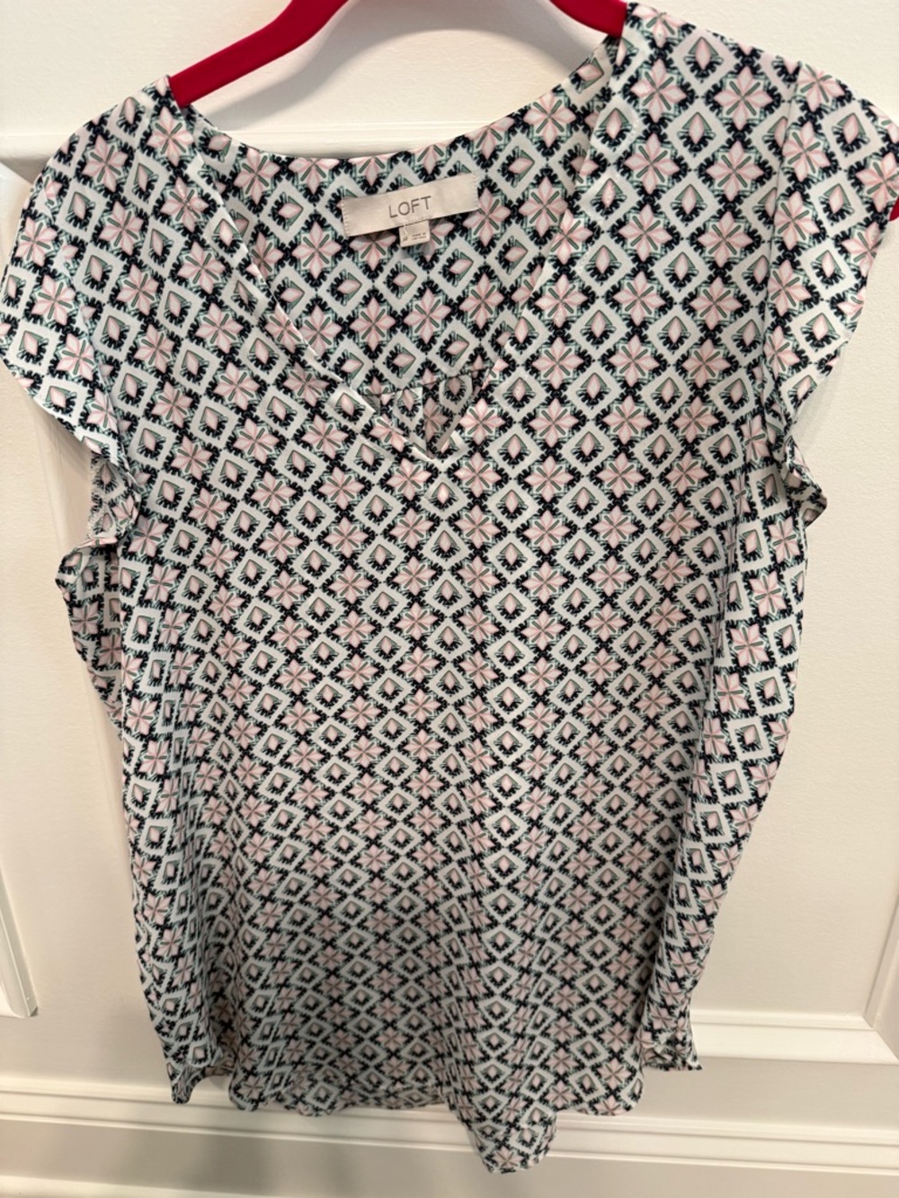 LOFT Pink and Black Geometric Cap Sleeve Blouse